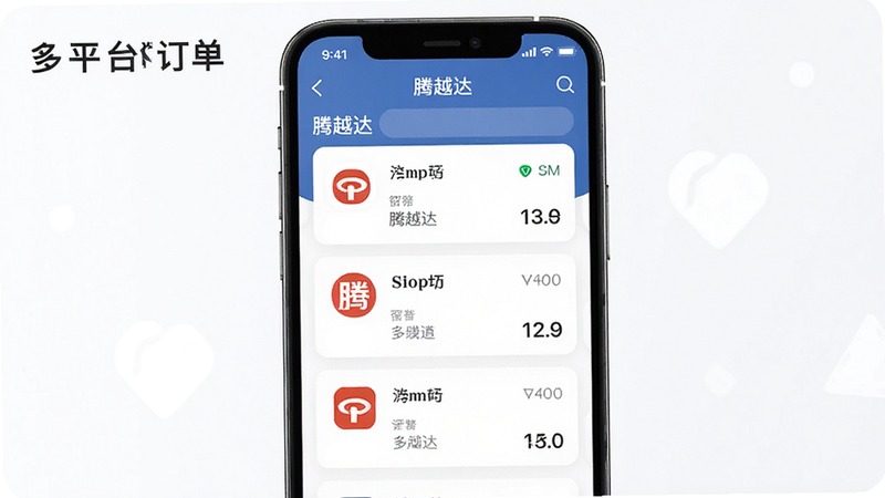 一个手机界面展示多平台订单列表,主体为“腾越达”APP,布局为卡片式列表,风格现代,细节包括不同平台的Logo标识,画质清晰,干净,文字“多平台订单”