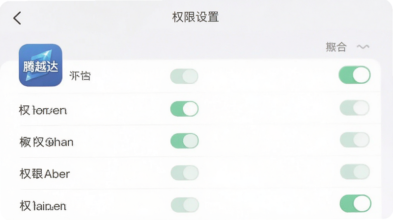 一个手机设置界面的概念图,展示权限管理选项,主体为“腾越达”应用图标,布局为列表形式,风格扁平化,细节包括开关按钮和权限名称,画质清晰,干净,文字“权限设置”
