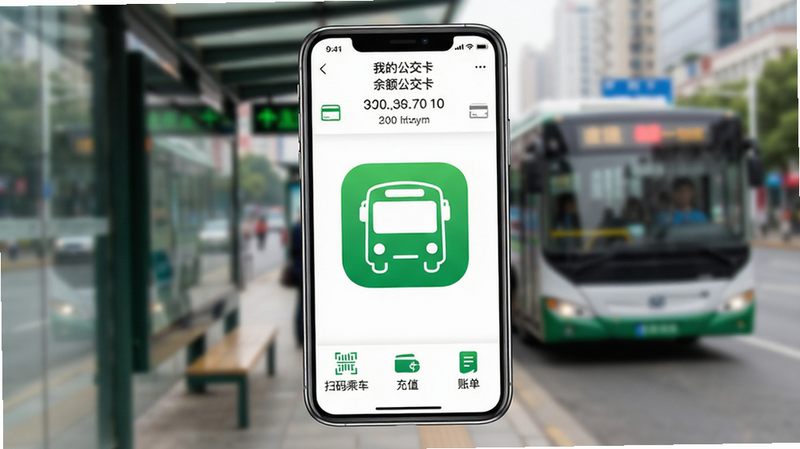 手机屏幕界面展示“公交车出行一卡通”应用主界面,背景为城市公交站台模糊景深,手机居中显示应用图标为绿色巴士图形,界面顶部显示“我的公交卡”余额信息,底部有“扫码乘车”、“充值”、“账单”三个主要功能入口,整体风格简洁现代,白色为主色调,绿色点缀,高清,无多余元素