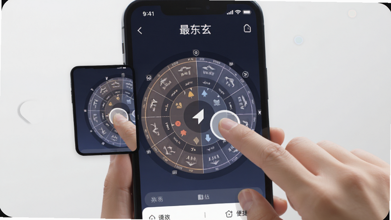 手机操作界面演示图,展示手指在触摸屏上进行缩放和滑动操作,背景为“最东玄”APP的命盘界面,突出“交互体验”和“便捷操作”,现代扁平化设计风格,光影柔和,清晰度高