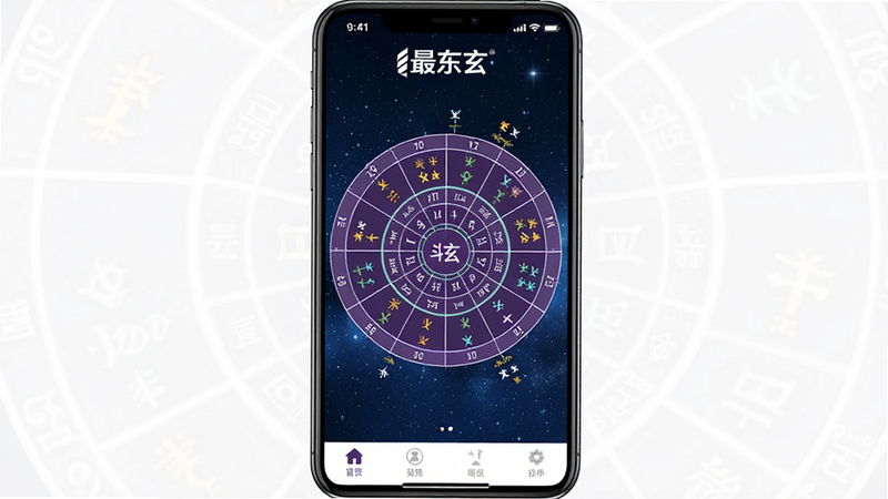 一张高清手机屏幕截图,主体为“最东玄”APP界面,背景为深蓝色星空风格,界面中央显示复杂的紫微斗数命盘图表,包含十二宫位和星曜分布,顶部有“最东玄”白色Logo,底部有简洁的功能导航栏,整体风格专业、神秘且现代,高清,无多余元素
