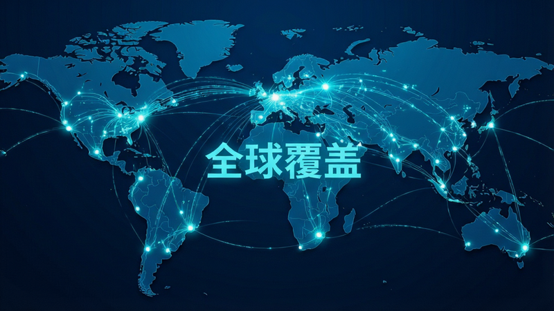 主体为全球地图特写,布局聚焦于各大洲的连接线路,排版呈现网络拓扑结构,风格为数字化科技风,细节展示数据流从核心节点向全球辐射,色彩以深蓝和亮青色为主,高亮显示“全球覆盖”字样,画质高清,干净,无多余元素