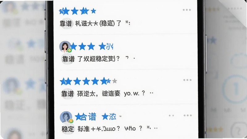主体为用户评价界面,布局展示多条五星好评,排版紧凑,风格为社交应用UI设计,细节显示用户头像和评论内容,色彩以白色背景和蓝色星级图标为主,文字显示“靠谱”和“稳定”,画质清晰,干净,无多余元素