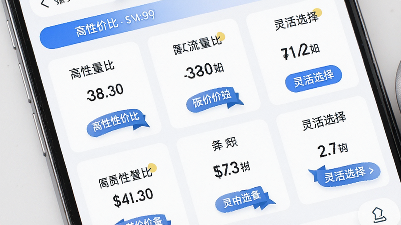 主体为手机端流量套餐选择界面,布局为卡片式设计,排版整齐罗列不同时长和流量大小的选项,风格为清新简约UI设计,细节突出“高性价比”和“灵活选择”标签,色彩以白色背景和蓝色按钮为主,文字清晰展示价格对比,画质细腻,干净,无多余元素
