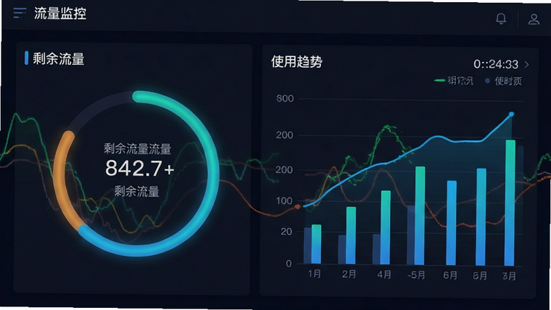 主体为流量监控仪表盘界面,布局包含环形进度条和柱状图,排版紧凑且信息密度适中,风格为数据可视化设计,细节展示实时更新的流量数字和时间戳,色彩以深色背景搭配亮色数据线条,文字显示“剩余流量”和“使用趋势”,画质精准,干净,无多余元素