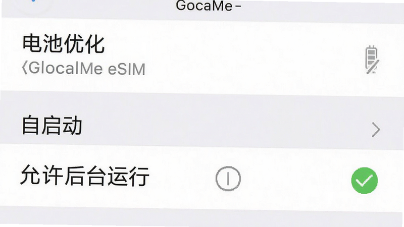 主体为手机设置界面截图,展示“电池优化”和“自启动”设置项,布局清晰,排版突出“允许后台运行”选项,风格为系统原生UI风格,细节显示绿色对勾标记,色彩以白色和灰色为主,文字标注“GlocalMe eSIM”,画质清晰,干净,无多余元素