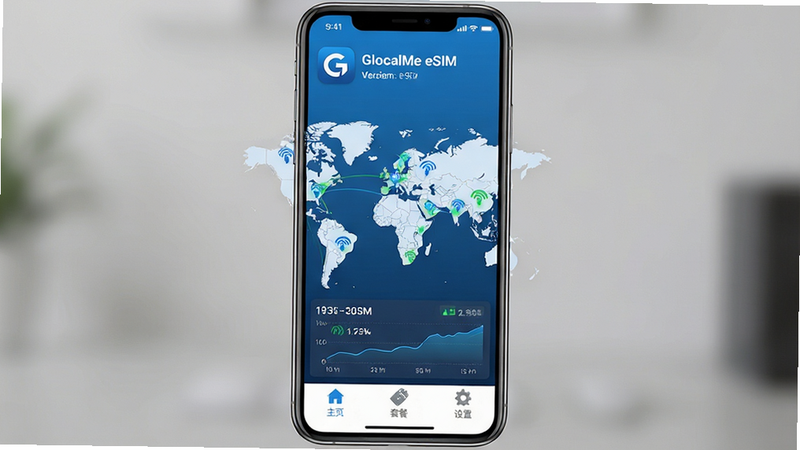 主体为GlocalMe eSIM应用程序的主界面全屏展示,布局清晰,顶部显示应用Logo和版本信息,中间突出显示全球地图背景,地图上标注着多个热门目的地的信号覆盖点,底部是简洁的功能导航栏,包含“主页”、“套餐”、“设置”等图标,整体风格为现代科技感,蓝色为主色调,细节丰富,显示高清数据流量统计图表,画质超清,干净,无多余元素,文字“GlocalMe eSIM”清晰可见