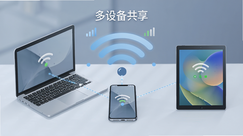 主体为一部智能手机发出Wi-Fi信号波,连接着旁边的笔记本电脑和平板电脑,布局呈现中心辐射状,排版强调设备互联概念,风格为现代办公场景插画,细节展示信号强度图标和连接状态,色彩柔和,以蓝灰为主,文字标注“多设备共享”,画质逼真,干净,无多余元素