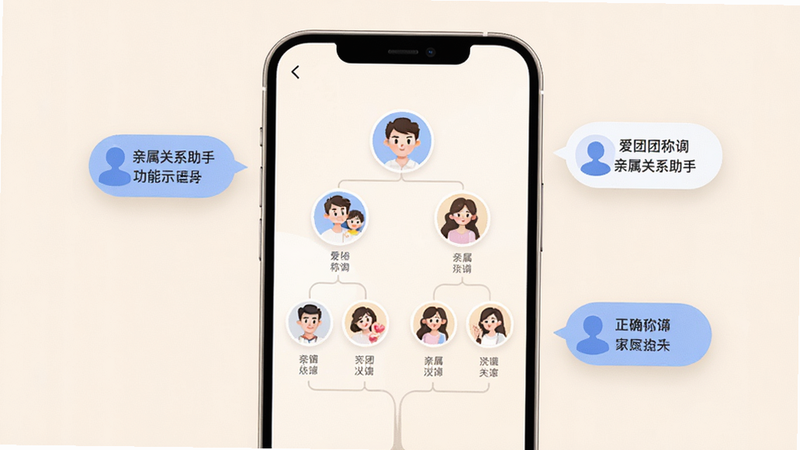 爱团团APP亲属关系助手功能示意图,手机屏幕中心显示一个家庭树状图,节点清晰,旁边有气泡提示正确的称谓,背景为淡雅的米色,风格简约现代,细节精致,画质清晰,无杂乱元素