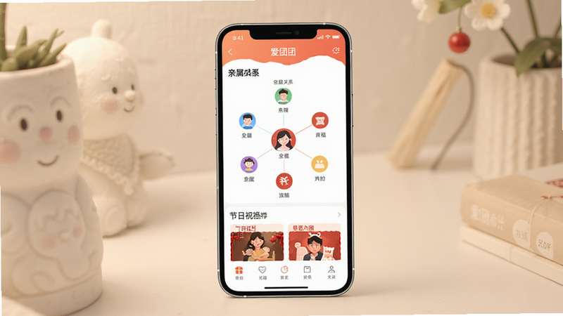 一张展示爱团团APP核心界面的概念设计图,主体为手机屏幕,界面显示亲属关系图谱和节日祝福推荐,布局清晰简洁,排版美观,风格温馨柔和,细节丰富,画质高清,干净无多余元素