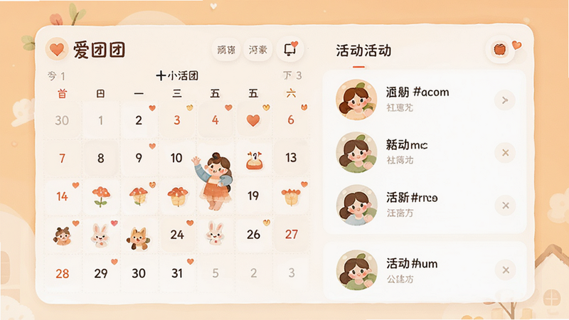爱团团APP家庭活动规划界面预览,显示日历视图和活动列表,配有温馨的插画风格图标,布局整齐,色彩温暖,风格亲和,细节饱满,画质细腻,无多余装饰