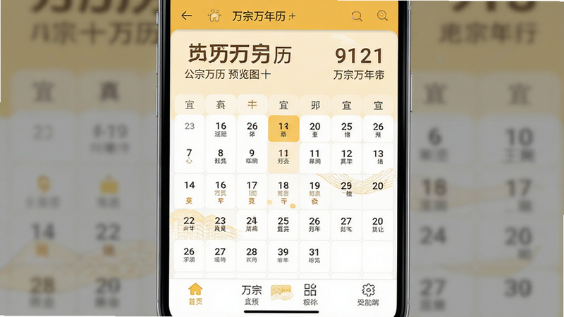 主体为万宗万年历安卓手机应用的主界面截图,布局采用经典的日历网格视图,上方显示大号公历日期与对应的农历日期,中间区域清晰展示宜忌事项,底部为功能导航栏,风格简约现代,色彩以暖黄色和白色为主,细节处体现高清质感,画质清晰,干净,无多余元素,alt=