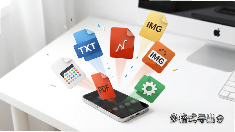 多个文件图标(TXT, PDF, IMG)从手机中飞出的动态效果图,背景为白色简洁桌面,布局发散状,风格现代简约,细节体现文件类型,画质高清,干净,无多余元素,文字“多格式导出”