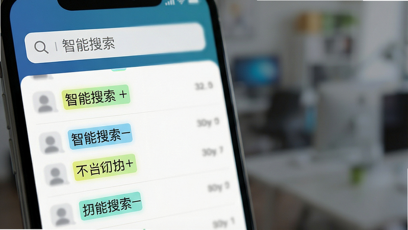 手机界面显示搜索框,下方列出几条高亮关键词的聊天记录,背景模糊处理突出前景,布局垂直排列,风格清晰直观,细节体现高亮效果,画质清晰,干净,无多余元素,文字“智能搜索”