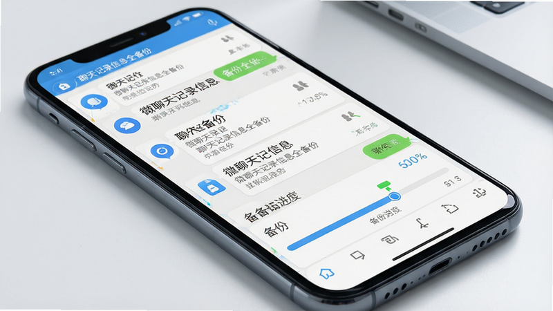 一张展示“微聊天记录信息全备份”安卓应用界面的高清预览图,主体为手机屏幕,显示聊天列表与备份进度条,布局简洁,排版清晰,风格科技感,细节丰富,画质高清,干净,无多余元素,文字“微聊天记录信息全备份”清晰可见