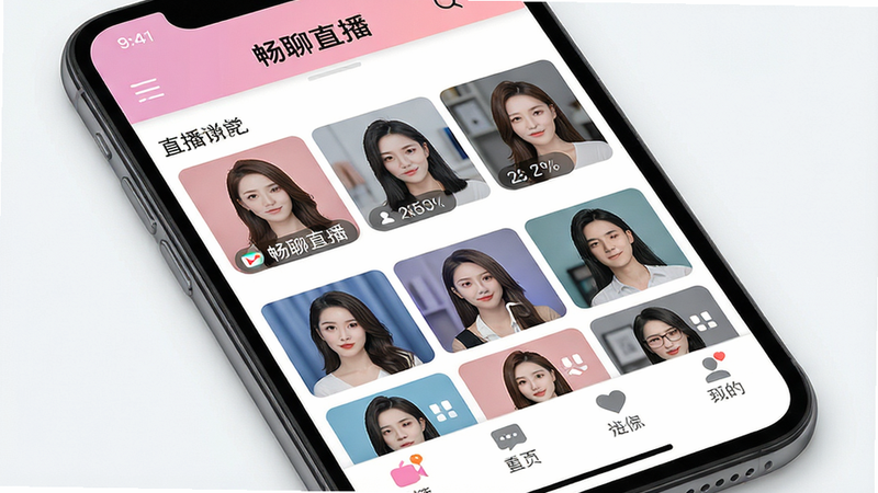主体为手机屏幕特写,显示“畅聊直播”APP主界面,布局清晰,顶部为导航栏,中部为直播间网格列表,底部为功能标签,风格为现代简约扁平化,细节包括高清主播头像、实时在线人数标识,画质高清,干净,无多余元素,文字“畅聊直播”清晰可见