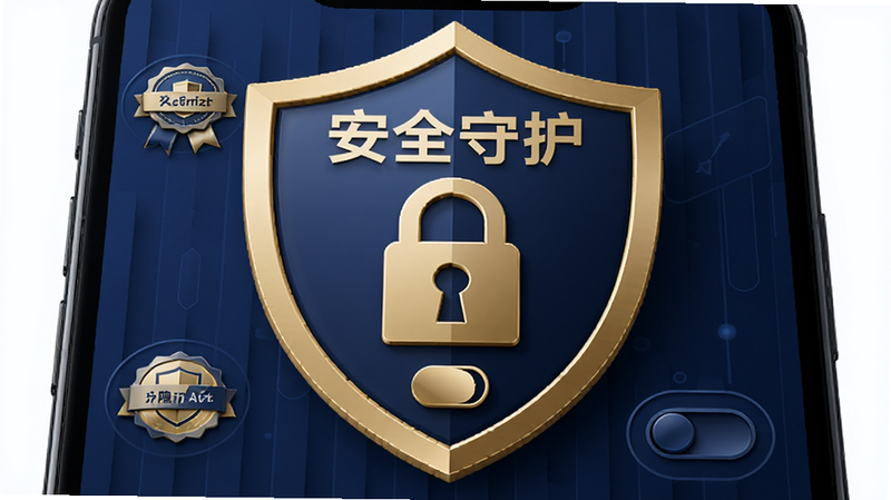 主体为盾牌形状的保护图标,覆盖在手机界面上方,布局为中心对称,盾牌内部有锁形图案,风格为深蓝与金色搭配,细节包括安全认证徽章、隐私开关图标,画质精致,干净,无多余元素,文字“安全守护”醒目显示
