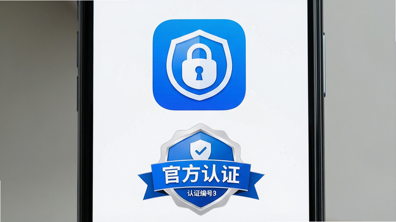 主体为手机屏幕显示安全认证标识,布局为中心对齐,上方为APP图标,下方为“官方认证”徽章,风格为信任蓝白色调,细节包括盾牌锁形图案、认证编号,画质清晰,干净,无多余元素,文字“官方认证”醒目