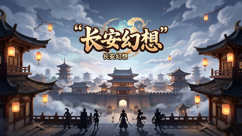 主体为游戏《长安幻想》的全景概念图,布局呈现大唐长安城的宏伟建筑与云雾缭绕的天空,排版上游戏Logo居中悬浮,风格为高精度国风3D渲染,细节包含飞檐斗拱、灯笼光影、角色剪影,画质4K高清,干净无多余元素,文字“长安幻想”加引号