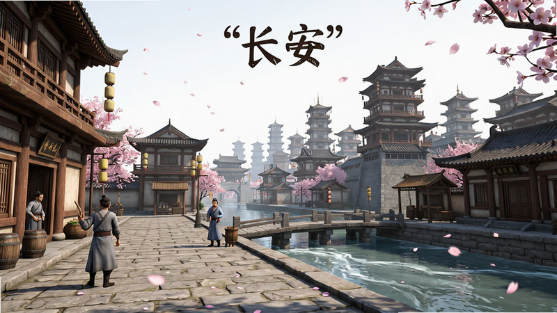 主体为游戏内长安城街景特写,布局为广角视角,前景有石板路与 NPC,背景为高楼林立的古建筑,排版留白处理突出建筑层次,风格为写实国风插画,细节包括飘落的樱花瓣、流动的河水,画质超高清,干净,无多余元素,文字“长安”加引号
