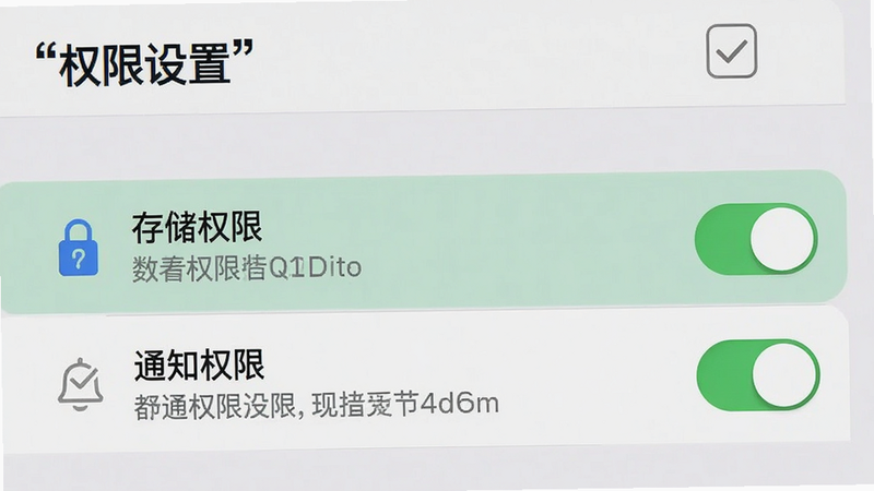 主体为手机设置界面截图,布局为列表形式,高亮显示“存储权限”与“通知权限”选项,排版清晰简洁,风格为扁平化UI,细节包含勾选框、开关状态、文字说明,画质清晰,干净,无多余元素,文字“权限设置”加引号