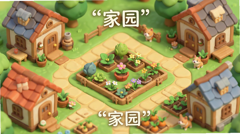 主体为游戏内家园系统场景,布局为中心花园,周围环绕着玩家建造的小屋,排版错落有致,风格为温馨治愈系卡通渲染,细节包含摆放的家具、种植的作物、互动的宠物,画质柔和,干净,无多余元素,文字“家园”加引号