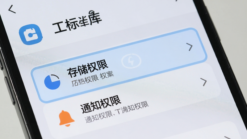主体为手机屏幕特写,显示工标库APP的设置界面,重点高亮“存储权限”和“通知权限”选项,背景为浅灰色,图标清晰,文字说明醒目,整体风格简洁明了,突出操作指引,高清无噪点,无多余干扰元素