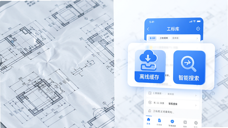 主体为工标库APP的功能展示图,画面分为左右两部分,左侧展示复杂的工程图纸背景,右侧悬浮着清晰的APP操作界面,界面中突出显示“离线缓存”和“智能搜索”按钮,图标设计简约现代,蓝色与白色为主色调,光影效果柔和,突出科技感与实用性,高清细节,无杂乱元素