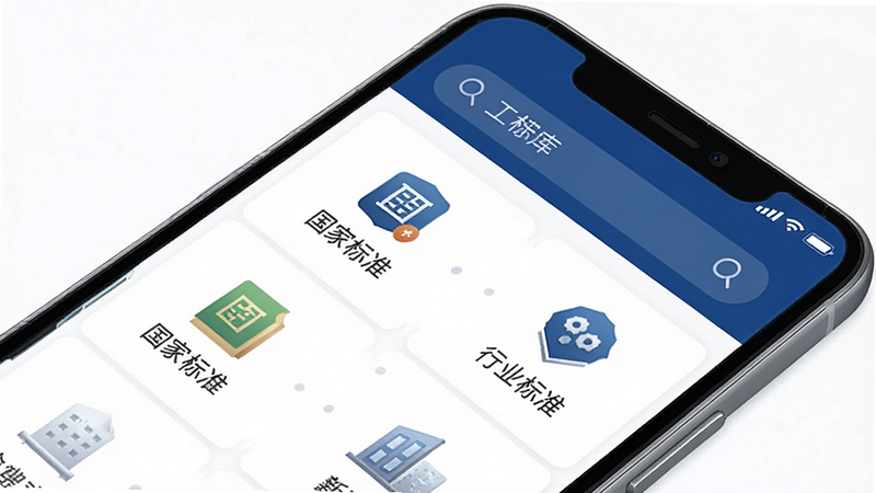 主体为一部现代智能手机,屏幕显示工标库APP主界面,界面采用简洁的白色背景搭配深蓝色导航栏,顶部有清晰的搜索框,下方排列着“国家标准”、“行业标准”等分类图标,整体风格专业、严谨、科技感强,布局整齐,无多余装饰,高清写实风格,干净无噪点