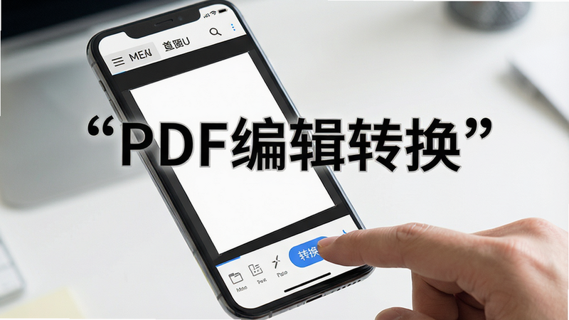主体为一部现代智能手机,屏幕显示PDF编辑转换应用界面,布局清晰,顶部为菜单栏,中间为文档预览区,底部为编辑工具栏,排版整齐,风格为极简商务风,细节展示手指正在点击“转换”按钮,画质高清,干净,无多余元素,文字“PDF编辑转换”加引号