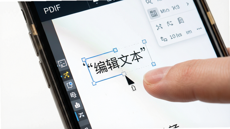 主体为手机屏幕,显示PDF编辑转换的文字编辑模式,布局聚焦于文档中间区域,排版突出编辑光标和工具面板,风格明亮白底,细节展示手指拖动文本框的动作,画质精细,干净,无多余元素,文字“编辑文本”加引号