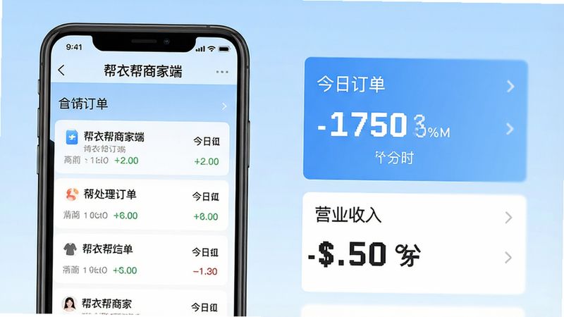һ�Ÿ�����ֻ�����չʾͼ������Ϊ�����°��̼Ҷˡ�APP��ҳ������Ϊ�ɾ���ǳ��ɫ���䣬���������������ʾ�����������б����Ҳ�ͻ����ʾ����Ӫ�����ݣ�����Լ����ϸ�����������ʸ��壬�޶���Ԫ�أ����ְ��������°��̼Ҷˡ��������ն���������Ӫҵ���롱