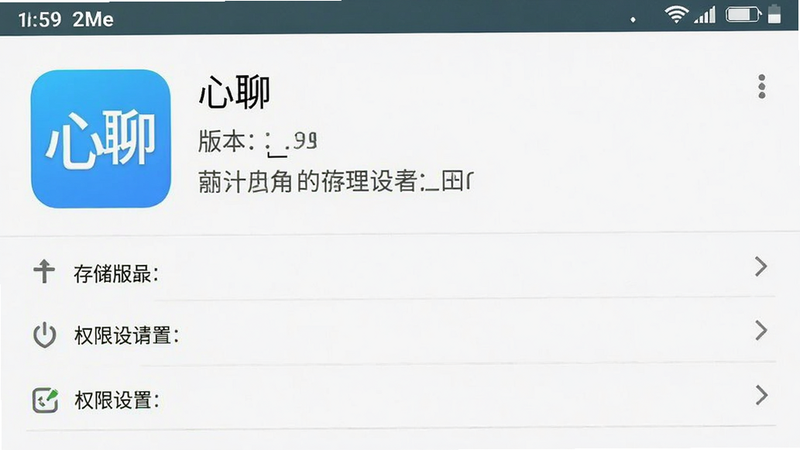 手机端应用管理界面截图,显示“心聊”应用的详细信息,包括版本、存储占用、权限设置,界面整洁,安卓风格,高清细节,无水印