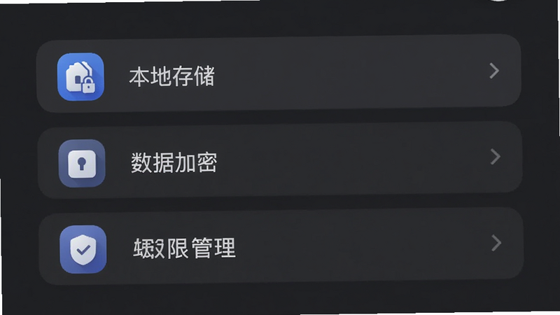 心聊App的隐私安全设置界面,显示“本地存储”、“数据加密”、“权限管理”等选项,图标设计简洁,背景为深灰色,突出安全感,UI设计现代,清晰易读,无杂乱元素