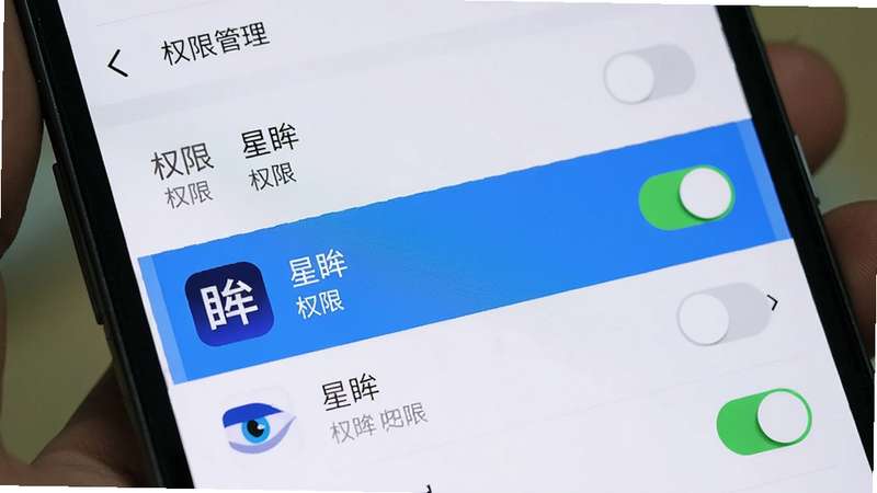 主体为手机设置界面,显示权限管理页面,高亮显示“星眸”应用条目,布局清晰列表式,排版简洁,风格扁平化设计,细节展示开关状态明确,画质清晰,干净无干扰,文字“星眸”“权限”清晰