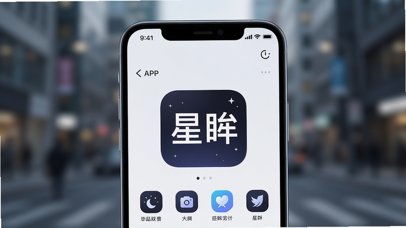 主体为一部现代智能手机,屏幕中央显示“星眸”APP界面,背景是模糊的都市街景,镜头光圈效果突出,布局居中对称,排版简洁现代,风格科技感与极简主义结合,细节展示UI图标清晰,画质4K高清,干净无多余元素,文字“星眸”清晰可见
