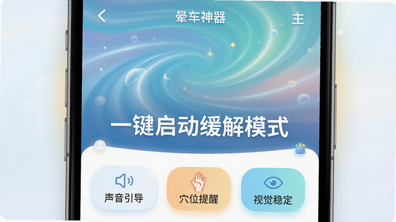 主体为手机界面,显示“晕车神器”App主页面,布局为上下结构,顶部是动态舒缓背景,中部大字“一键启动缓解模式”,底部列出“声音引导”“穴位提醒”“视觉稳定”三大功能按钮,风格清新简约,细节处有柔和光晕,画质高清,干净无多余元素
