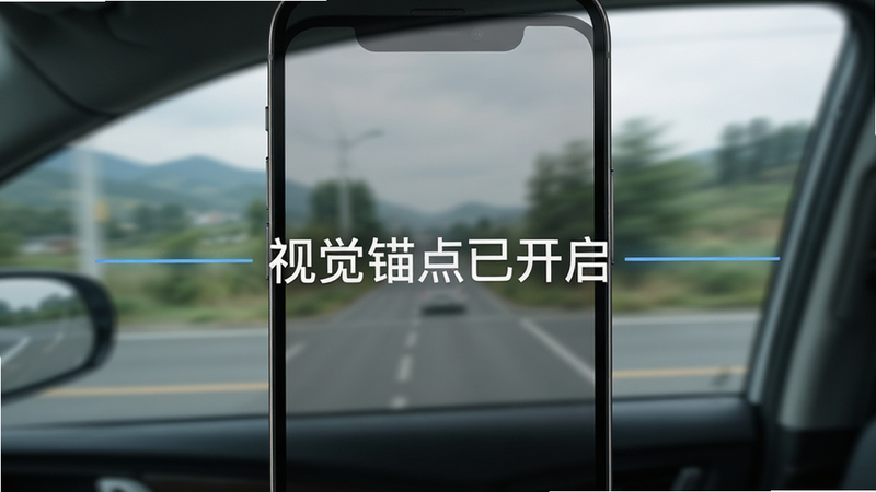 主体为手机屏幕,显示一条水平稳定线,背景为模糊的车窗风景,文字“视觉锚点已开启”,布局居中,排版极简,风格现代简约,细节有轻微动态模糊效果,画质锐利,干净无杂项