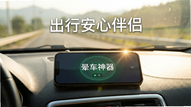 主体为手机放在汽车中控台上,屏幕显示“晕车神器”运行中,背景为模糊的车窗外风景,文字“出行安心伴侣”,布局自然,排版生活化,风格温馨实用,细节有阳光反射,画质真实,干净无杂物