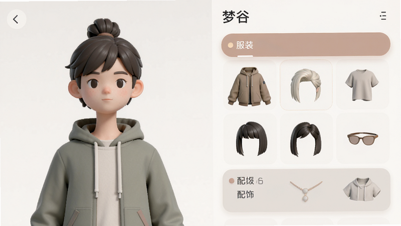 展示“梦谷”APP角色定制界面的UI设计图,布局分为左右两部分,左侧是角色3D模型预览,右侧是服装、发型、配饰的分类列表,色彩以莫兰迪色系为主,风格简约现代,细节处有高亮选中状态,文字标签清晰可见,画质细腻,干净无杂乱背景