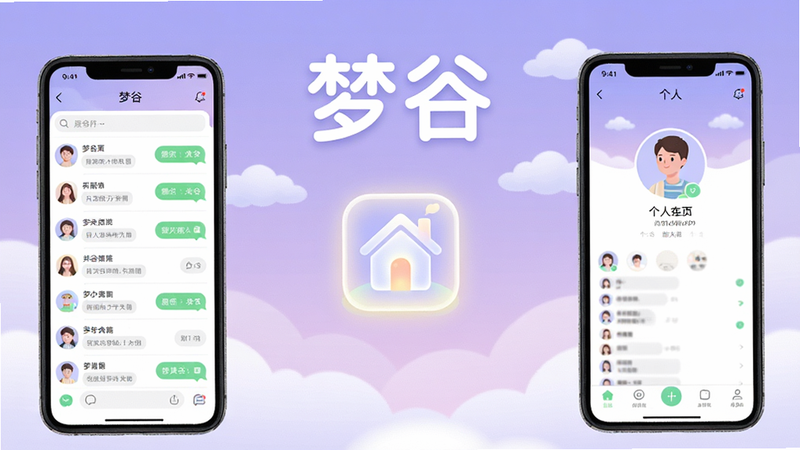 一张清新治愈风格的数字插画,主体为“梦谷”APP的界面全景,布局呈现中心对称,左侧是聊天列表,右侧是个人主页,背景是柔和的淡紫色渐变天空与漂浮的云朵,画面中央有一个发光的虚拟小屋图标,文字“梦谷”以白色圆润字体悬浮在顶部,风格扁平化,细节精致,画质高清,干净无多余元素