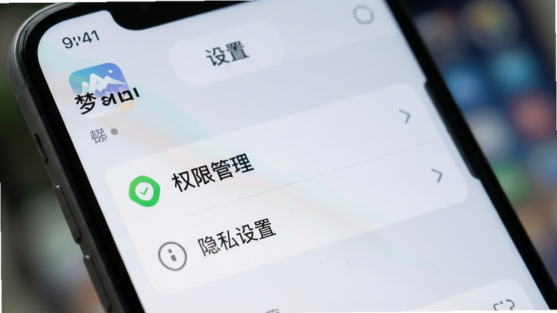 手机屏幕特写,显示“梦谷”APP的设置页面,重点突出“权限管理”与“隐私设置”选项,界面色调为浅灰与白色,图标清晰,背景虚化,突出屏幕内容,风格写实,画质清晰,干净无遮挡