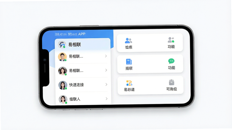 易相联手机应用界面全景图,主体为居中显示的智能手机屏幕,屏幕内清晰显示