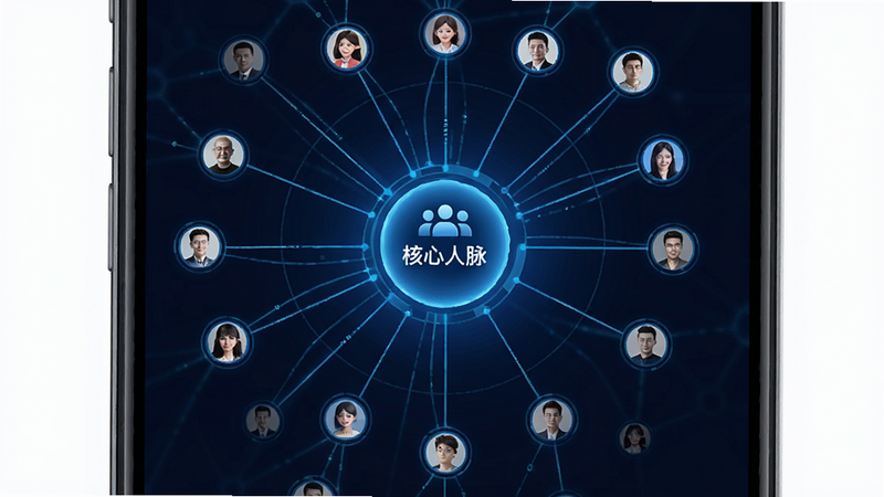 易相联关系图谱功能示意图,主体为手机屏幕内的圆形网络节点图,节点间有连线表示关系强度,中心节点高亮显示,布局呈放射状,排版有序,风格科技感蓝色调,细节包含节点上的小头像图标,文字标注