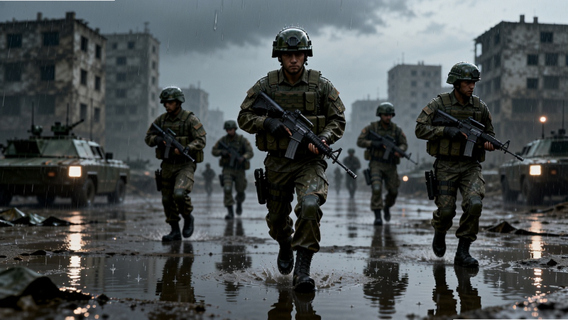 主体是战地兵王2中的雨天战场场景,布局展示士兵在雨中行进,地面有积水反射灯光,背景是模糊的城市建筑,风格为阴郁写实的军事氛围,细节表现雨水滴落与地面水洼,画质高清,干净