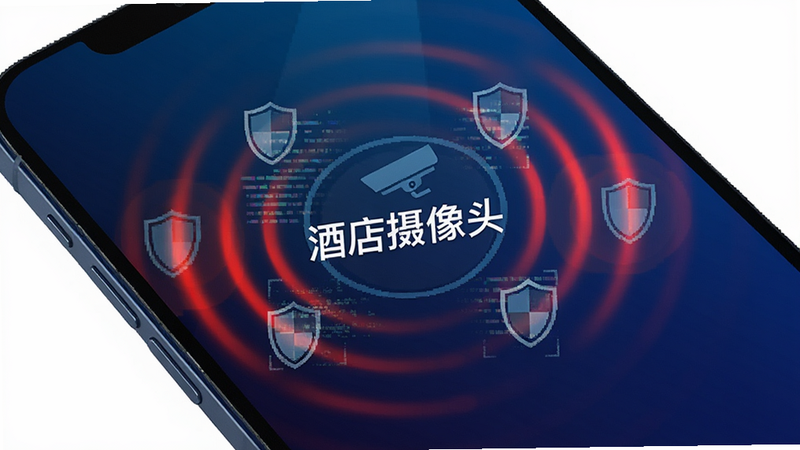 主体为一个深蓝色渐变的手机屏幕界面,屏幕中央显示着“酒店摄像头”检测状态,周围环绕着红外光波纹和盾牌图标,布局简洁现代,排版居中,风格科技感强,细节展示像素点扫描效果,画质高清,干净,无多余元素