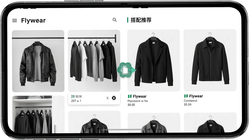 主体为Flywear安卓应用界面全屏展示,布局清晰分为衣柜列表区与搭配推荐区,排版采用现代极简风格,色彩以黑白灰为主点缀品牌色,细节展示衣物高清贴图与拖拽搭配交互效果,画质超高清,干净,无多余元素