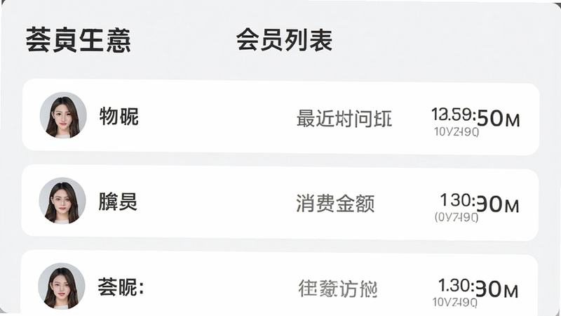 主体为荟生意商家版App的会员管理界面,布局为列表形式,左侧显示会员头像与昵称,右侧显示消费金额与最近访问时间。风格简洁明快,使用浅灰色背景与白色卡片,细节处有圆角设计,画质清晰,干净,文字清晰可见“会员列表”、“荟生意”