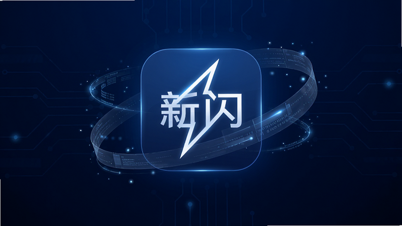 主体为深蓝色科技感背景,中央悬浮着名为“新闪”的应用图标,图标呈闪电状白色线条,周围环绕着半透明的数据流线条,布局居中对称,排版简洁现代,风格为极简主义科技风,细节处有微光粒子效果,画质高清8K,干净无多余元素,文字“新闪”清晰可见