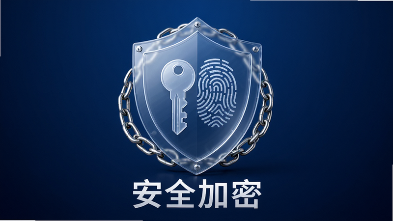 主体为一个透明的盾牌图标,内部包含一把钥匙和一个指纹图案,背景为深蓝色渐变,布局中心突出,排版稳重,风格为商务安全风,细节处有锁链环绕,画质高保真,干净无多余元素,文字“安全加密”下方